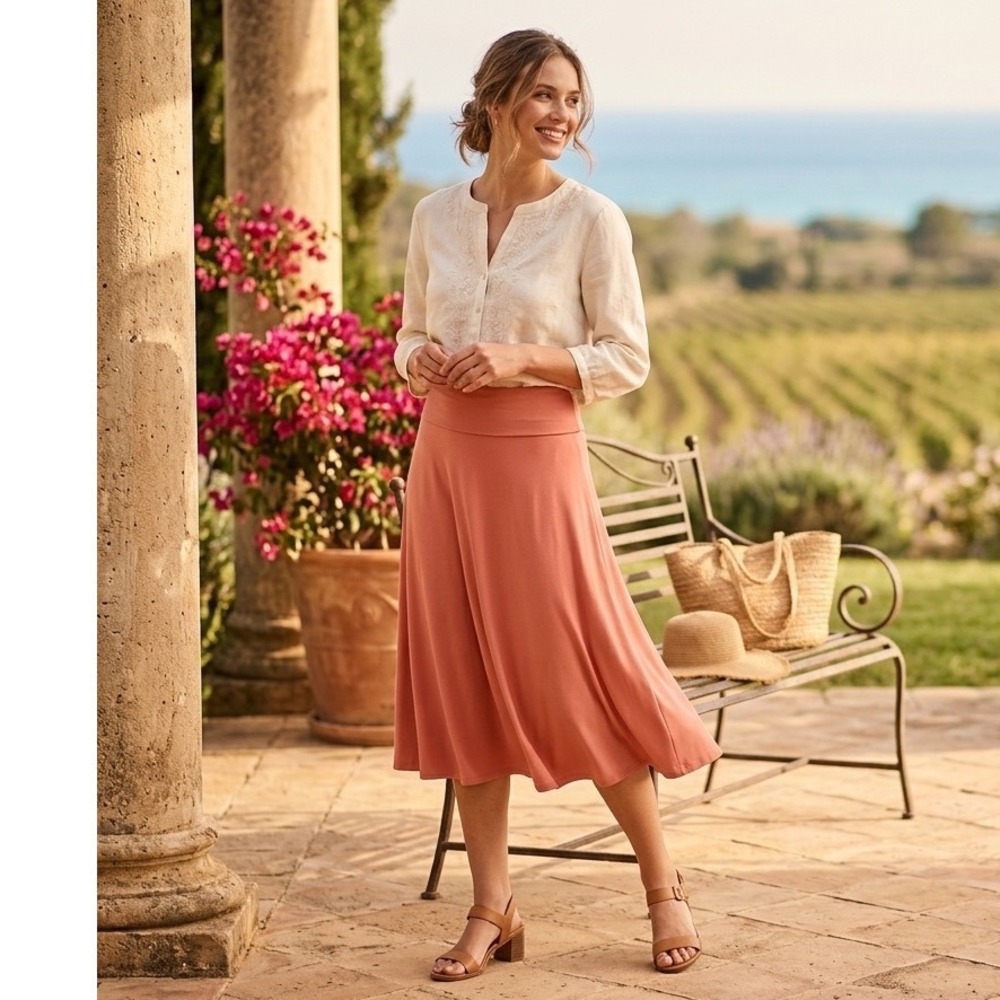 Zenana Terracotta Coral A-Line Midi Skirt Plus Size 2X Stretch Jersey Minimalist